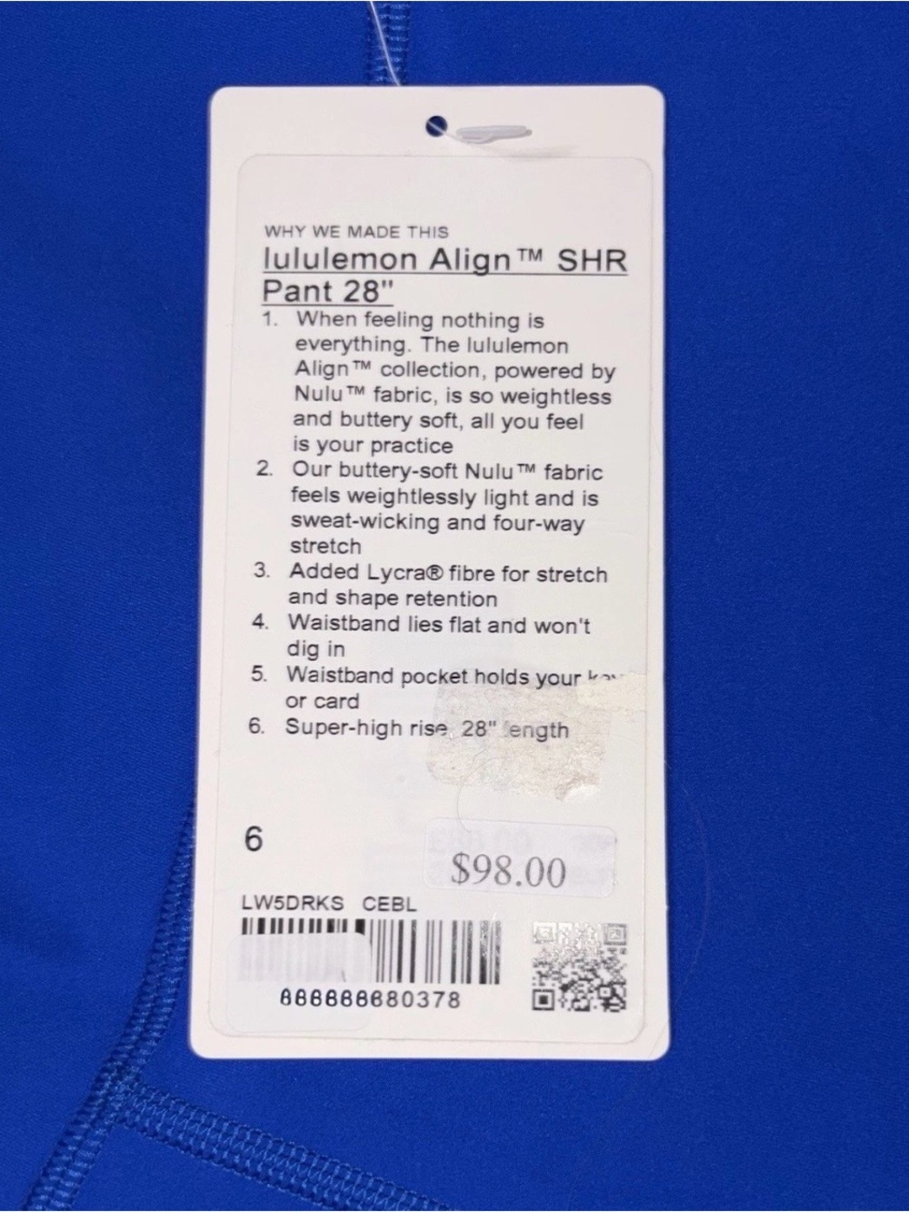 NWT LULULEMON SIZE 6 ALIGN SUPER HIGH RISE 28”L PANT AUTHENTIC CERULEAN BLUE - Picture 5 of 15